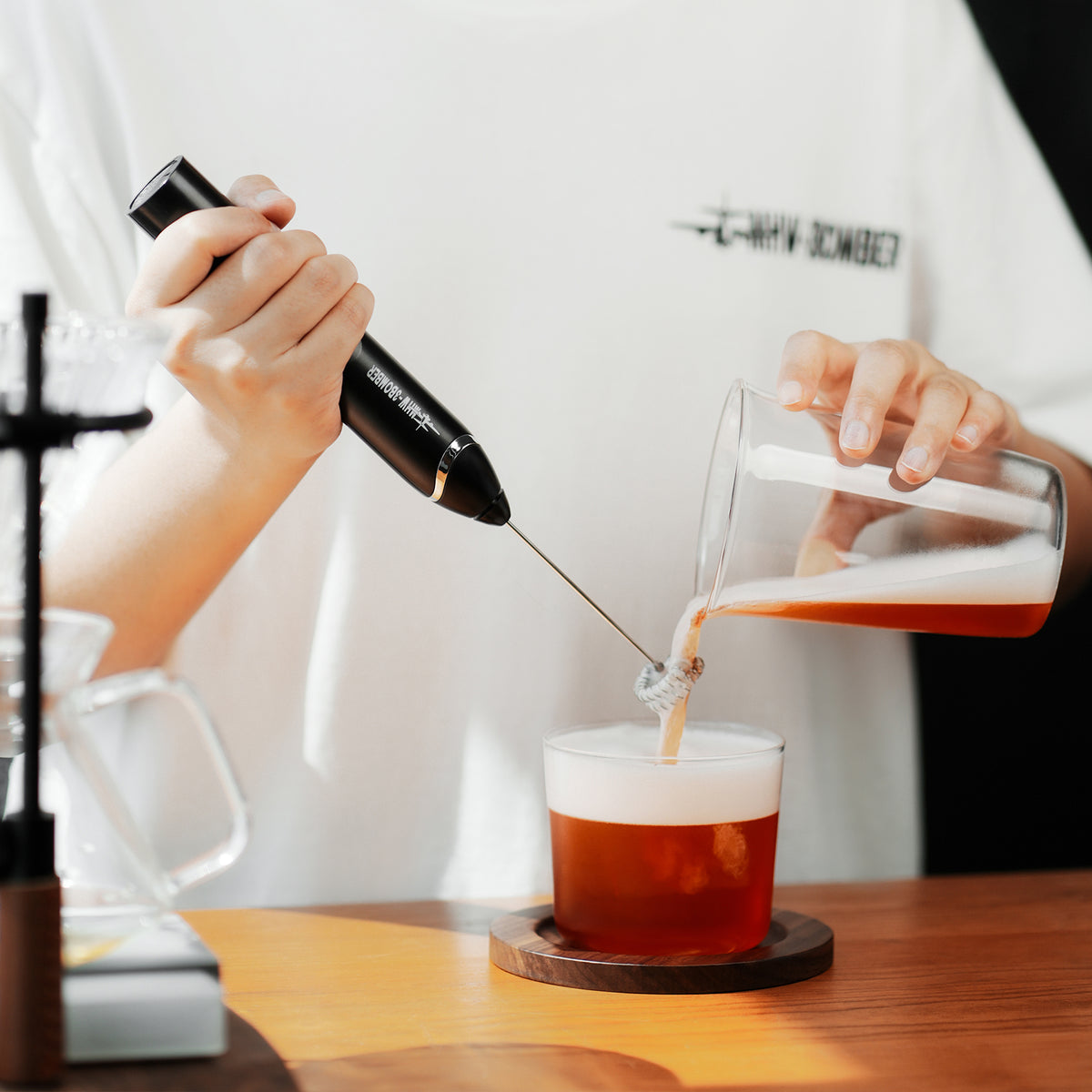 MHW-3BOMBER MF6793B black rechargeable handheld milk frother, distinct product photograph 2; scene accessories excluded