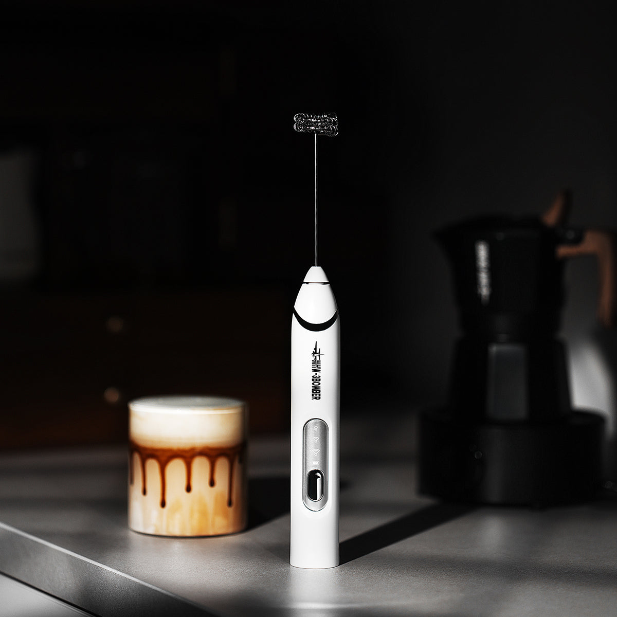 MHW-3BOMBER MF6855W white rechargeable handheld milk frother, distinct product photograph 1; scene accessories excluded