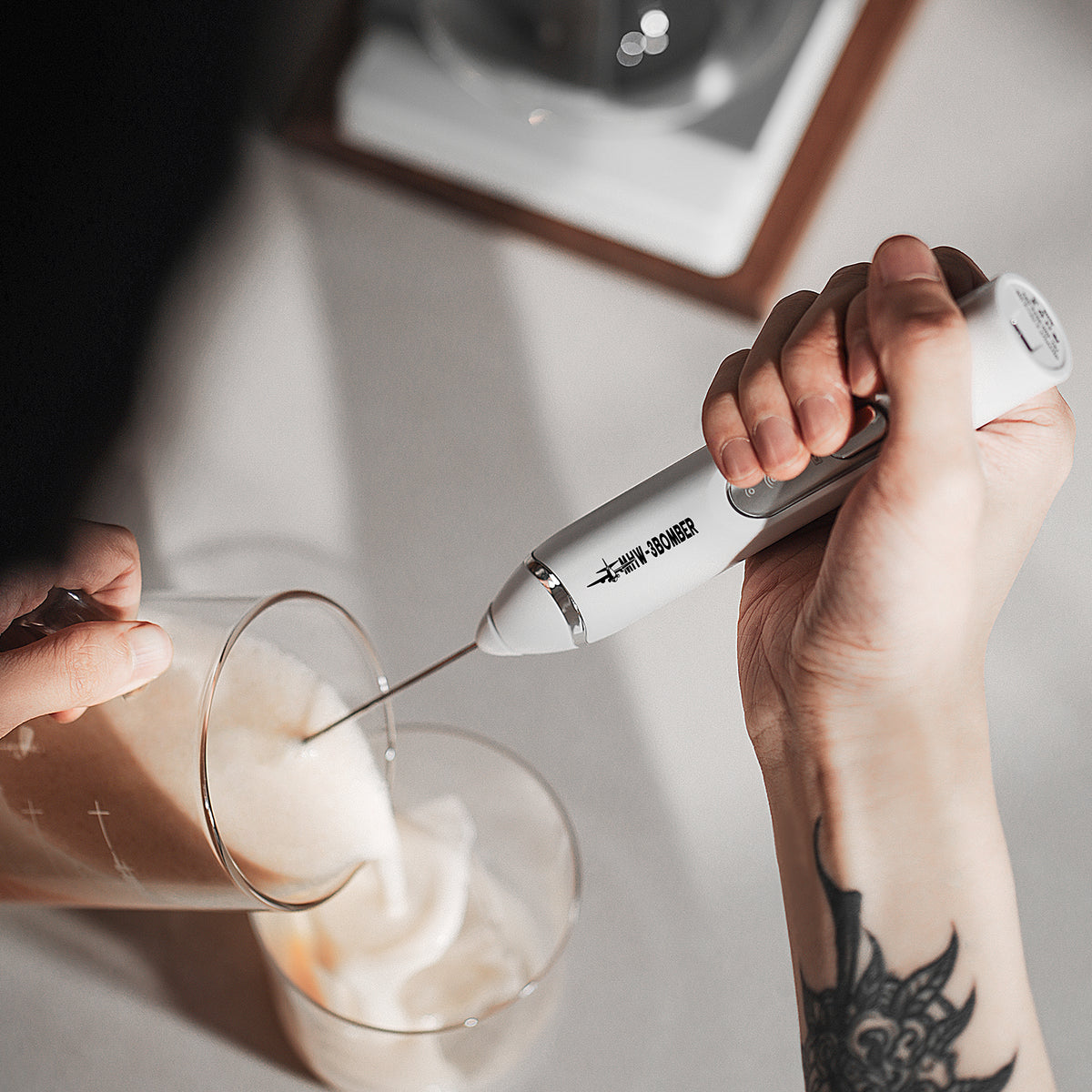 MHW-3BOMBER MF6855W white rechargeable handheld milk frother, distinct product photograph 3; scene accessories excluded