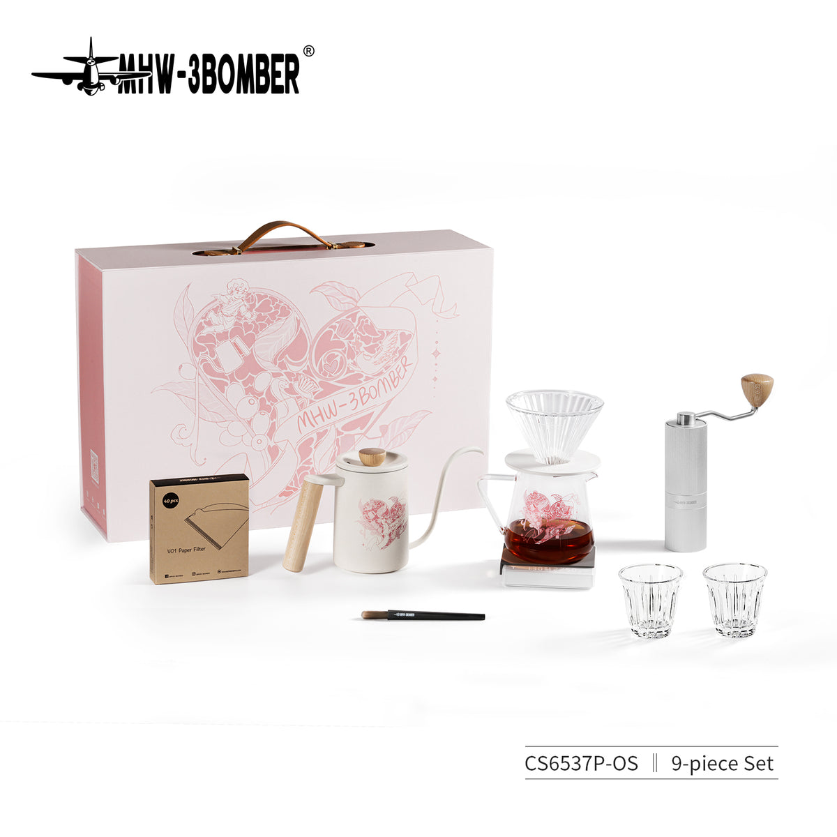 MHW-3BOMBER CS6537P Heartbeat nine-piece pour-over gift set — SKU-labelled complete presentation