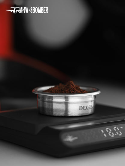 DEX filter basket and coffee on a scale; coffee and scale not included