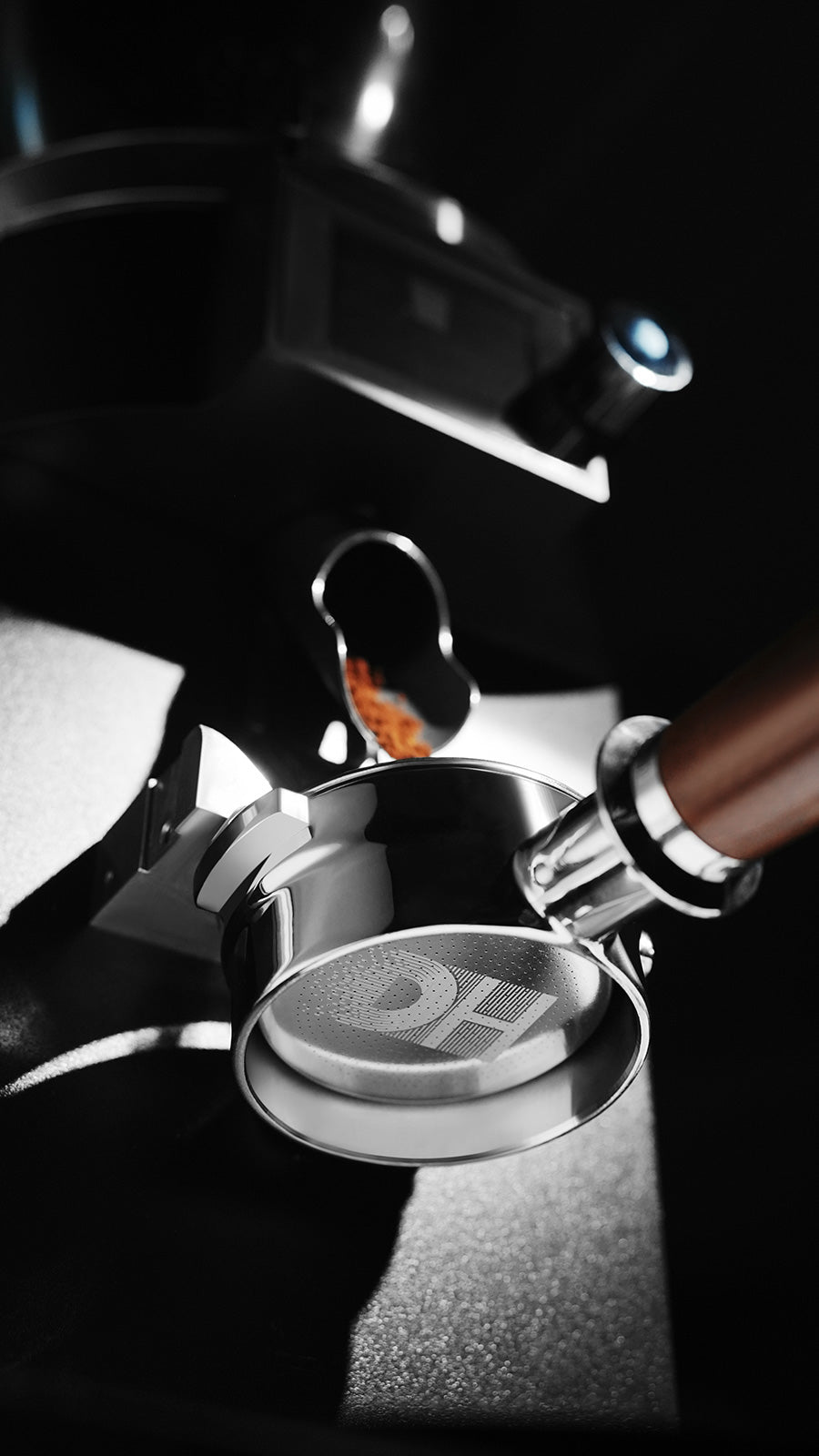 MHW-3BOMBER DH Silver basket in a brewing scene; machine and portafilter not included