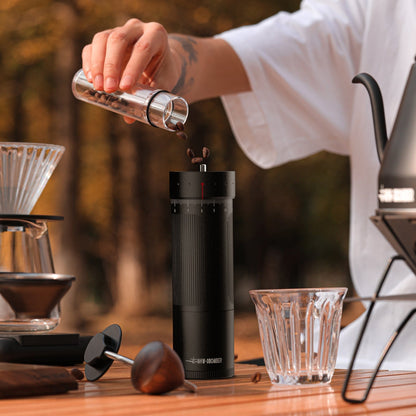 MHW-3BOMBER G5847B black R3 manual grinder — roasted bean loading with crank removed