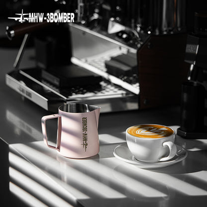 MHW-3BOMBER P5017 Milk Pitcher 5.0 — 500 ml solid pink, standing beside a cup. Cups, machines and scene items are not included.