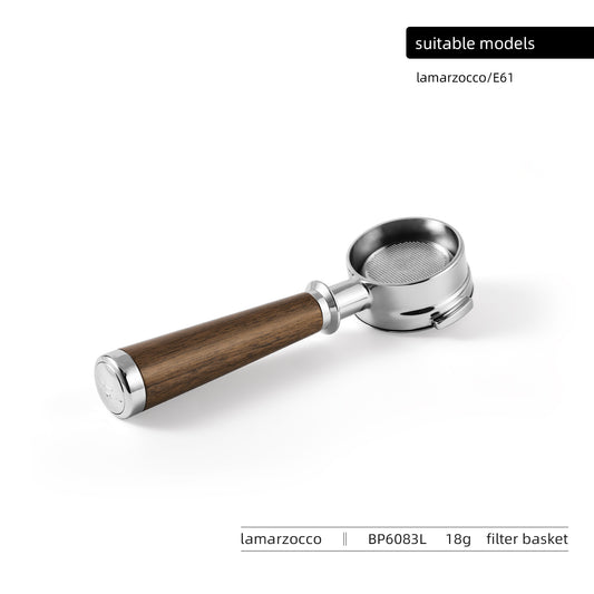 BP6083L walnut bottomless portafilter, supplier-labelled La Marzocco / E61 two-lug selection with 18 g basket