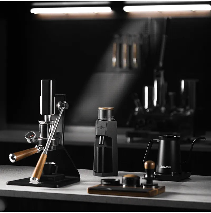 G5867B Black Sniper on a coffee bar; espresso machine is a scene prop