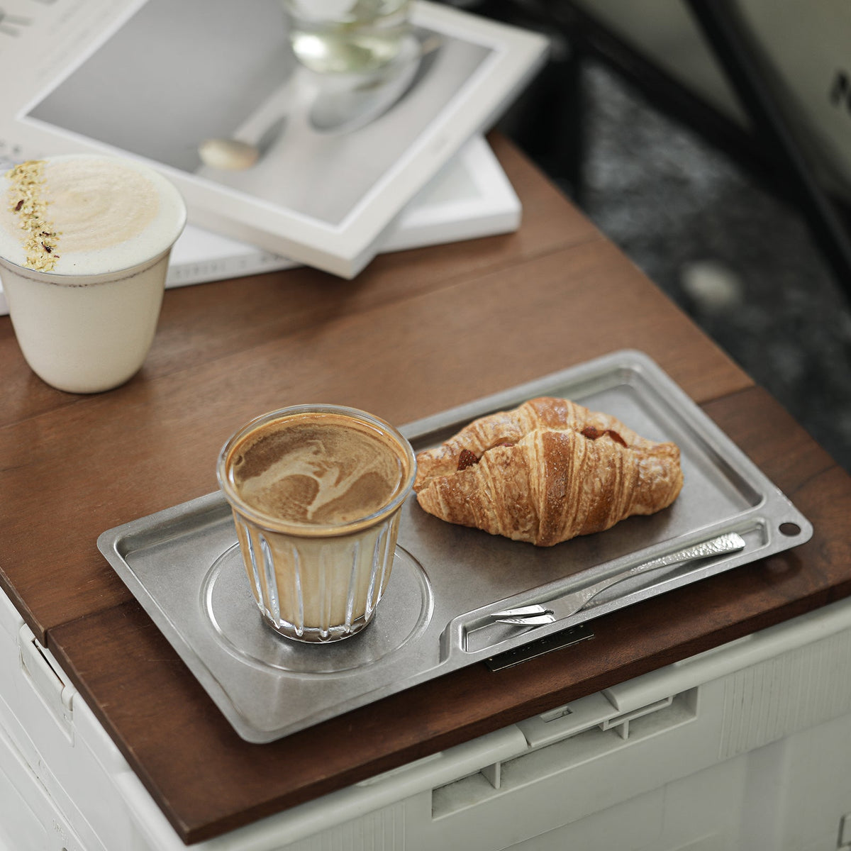 MHW-3BOMBER S5983SS silver-speckle tray on a coffee counter with glass coffee; food and vessels not included