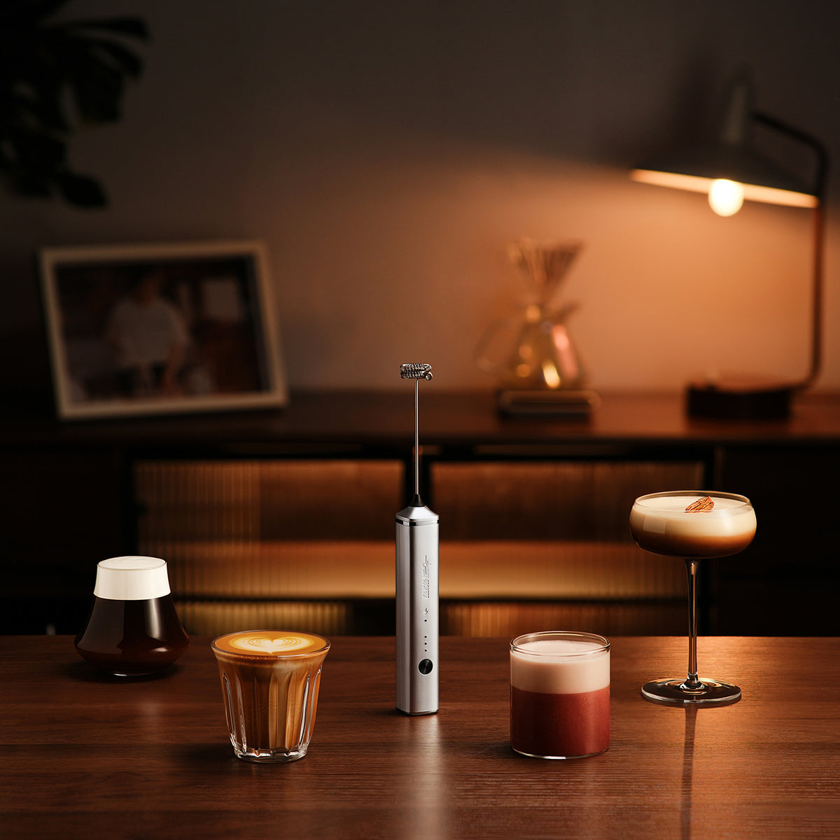 MHW-3BOMBER MF6834S silver frother on a café worktop with drinks; cups and drinks not included