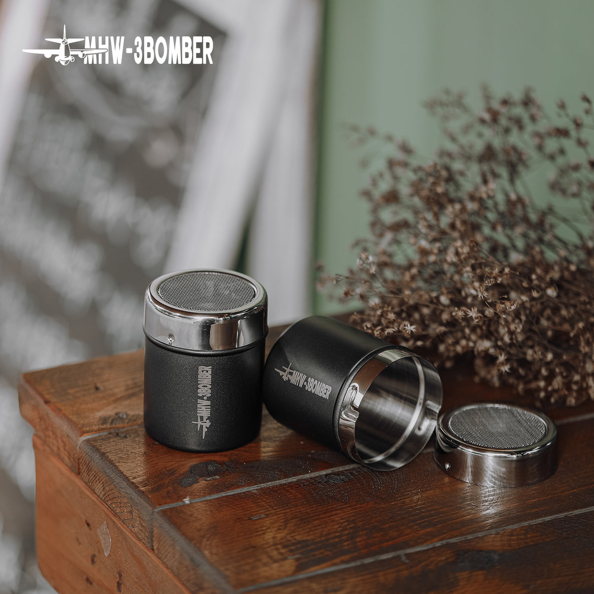 MHW-3BOMBER SP5366B matte black powder shaker in a counter still-life with its lid; additional units are illustrative and do not indicate supplied quantity