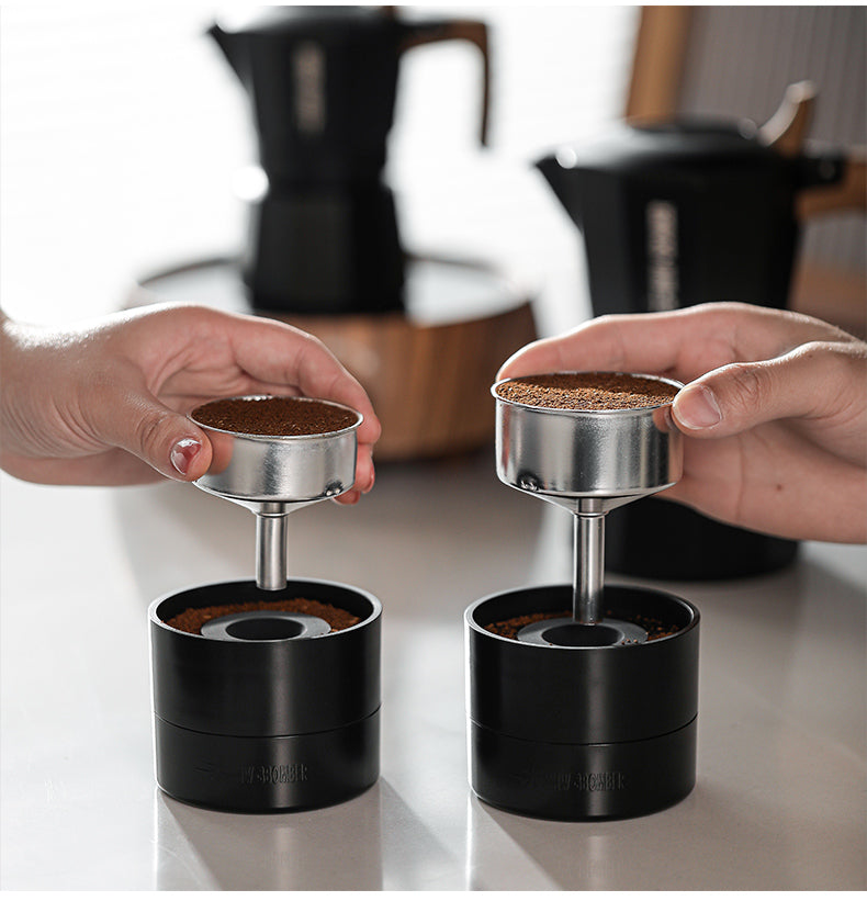 MHW-3BOMBER T5884 distributor shown with moka filter funnels for fit comparison