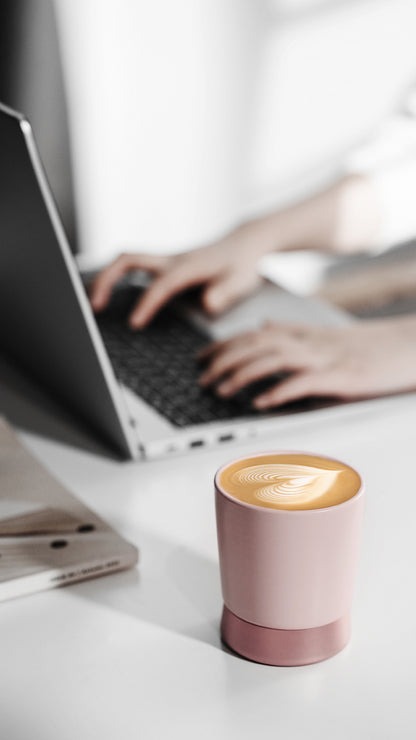 MHW-3BOMBER CERA CS6104P: pink 240 ml cup beside a laptop; scene accessories not included
