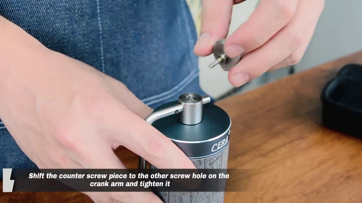 Fitting the crank arm on the CERA+ CG01 Space Grey manual coffee grinder