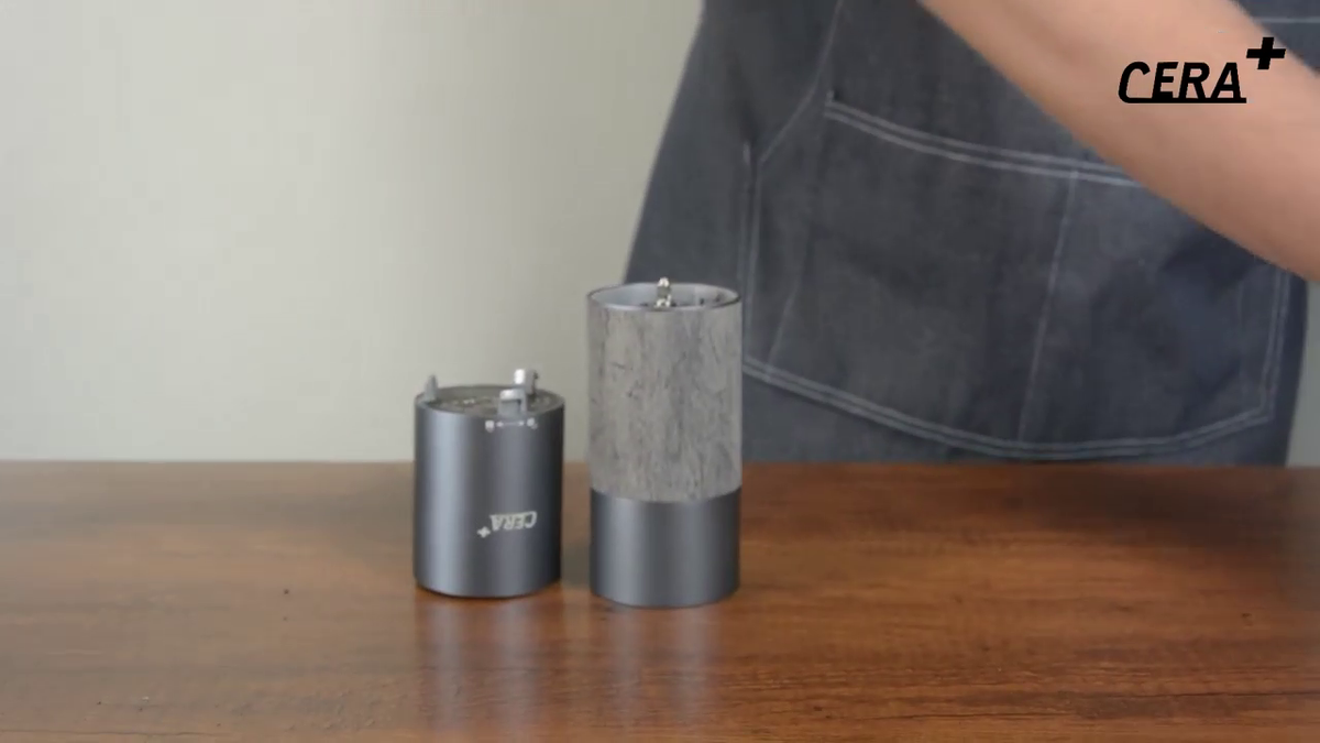 CERA+ CGE01 Space Grey grinder with the motor and grinding chamber separated.