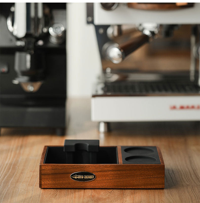MHW-3BOMBER multifunction wood platform standing on a coffee counter