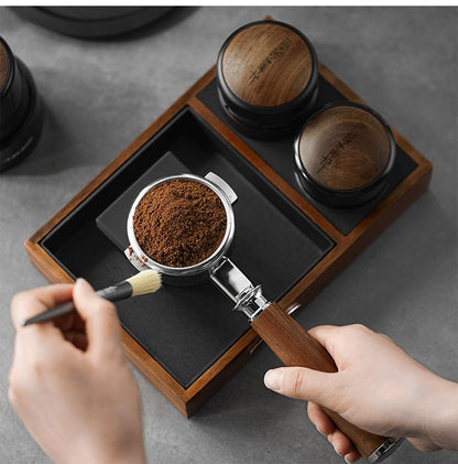 MHW-3BOMBER wood platform viewed from above with separate espresso preparation tools