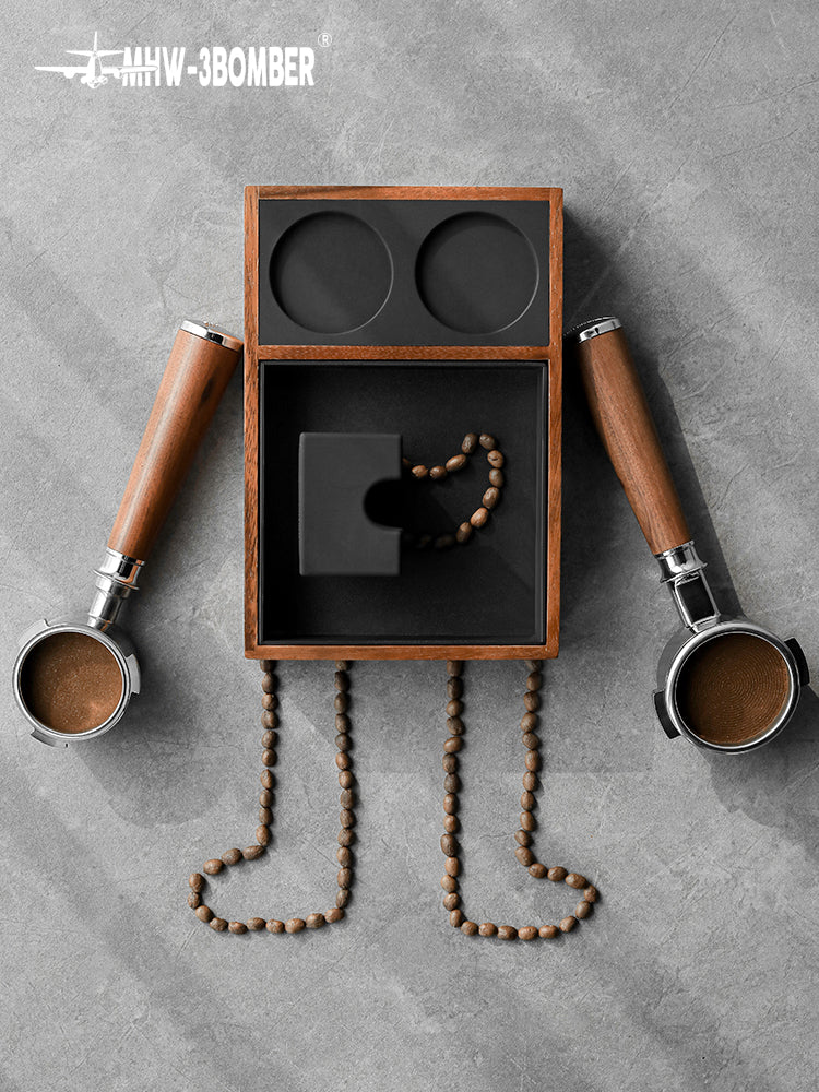 MHW-3BOMBER CH5434 wood tamping platform in an overhead scene with two portafilters and coffee beans; loose accessories are not supplied contents
