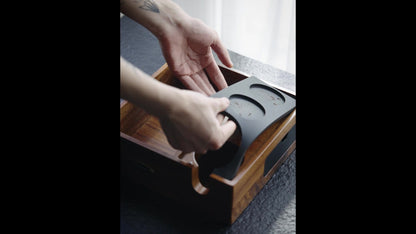 MHW-3BOMBER CH6624 walnut knock box showing removal of the silicone tool mat