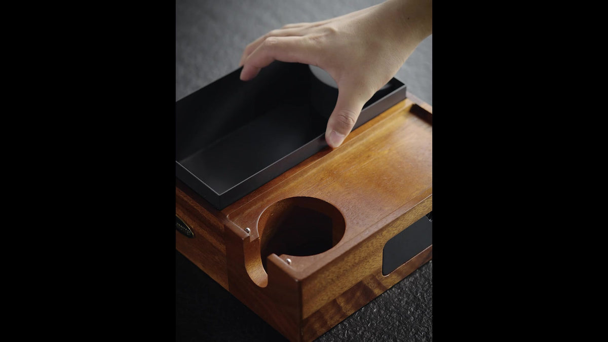 MHW-3BOMBER CH6624 walnut knock box with the removable grounds container lifted out