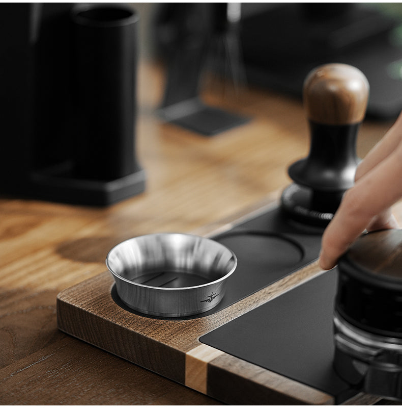 MHW-3BOMBER silver steel dosing ring standing at a wood preparation base; base separate