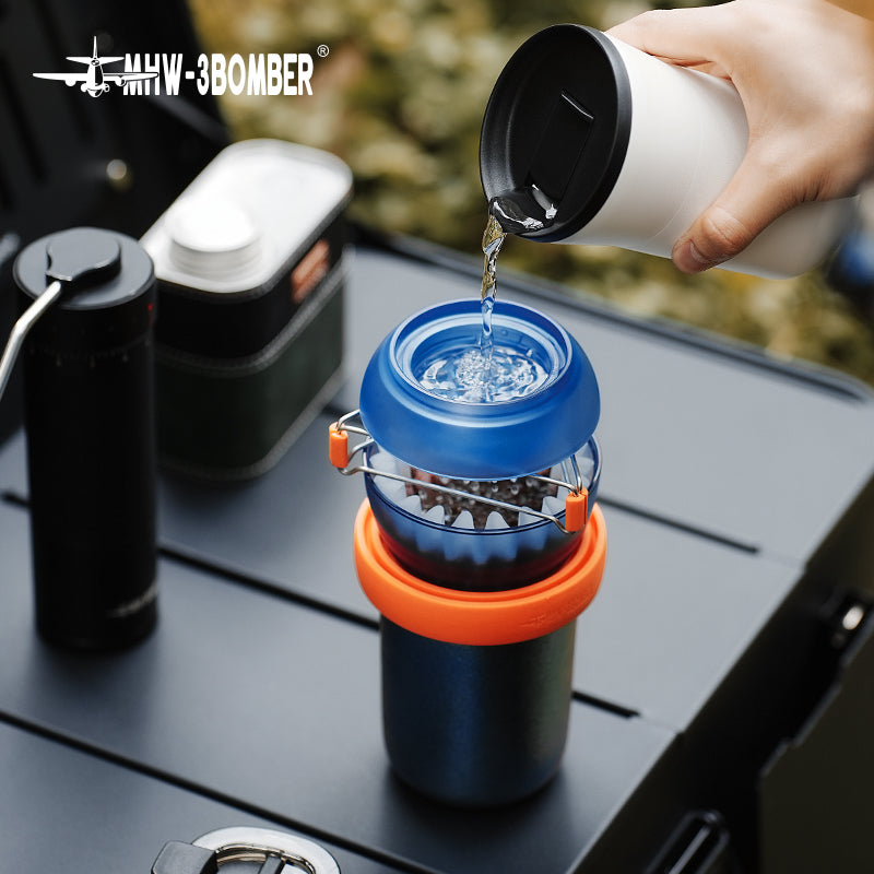 MHW-3BOMBER blue Eggonaut dripper used in a pour-over setup