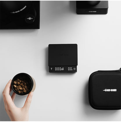 Black ES5788B Cube Coffee Scale 3.0 Micro on a white coffee work surface; case, bean cup and other equipment require bundle confirmation
