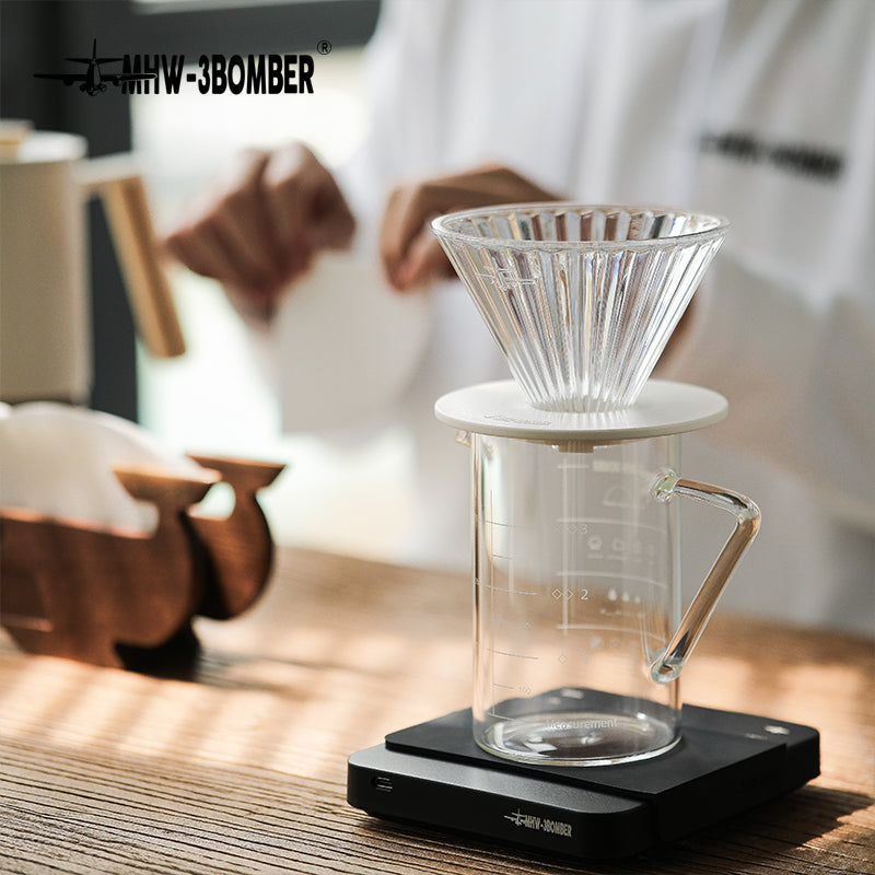 MHW-3BOMBER FC5875W Elf Glass Dripper — clear glass dripper with white base on a server