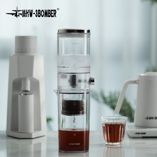 MHW-3BOMBER ID6135 clear Fresh Ice brewer assembled on a coffee counter; other equipment is not included