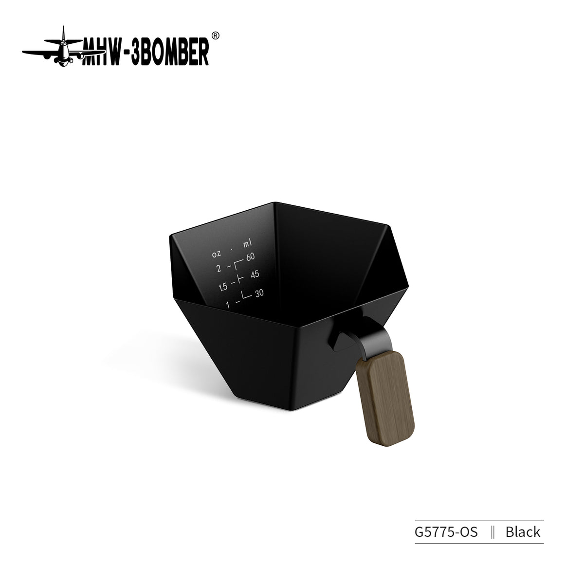 MHW-3BOMBER G5775 black 100 ml Prism measuring cup with walnut handle, product illustration