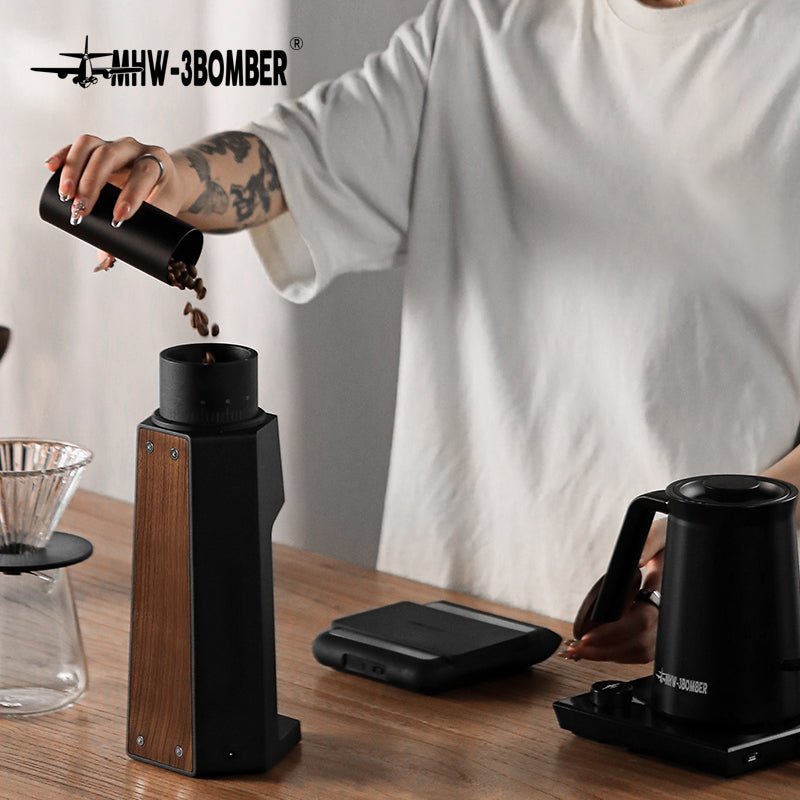 MHW-3BOMBER G5867B Black Sniper being loaded with roasted coffee beans; kettle, scale and other scene props not included