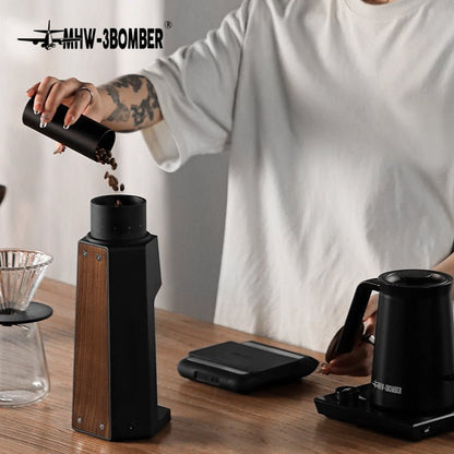 MHW-3BOMBER G5867B Black Sniper being loaded with roasted coffee beans; kettle, scale and other scene props not included