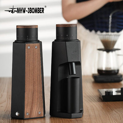MHW-3BOMBER G5867B Black Sniper front and walnut back views in a coffee preparation scene; other equipment not included