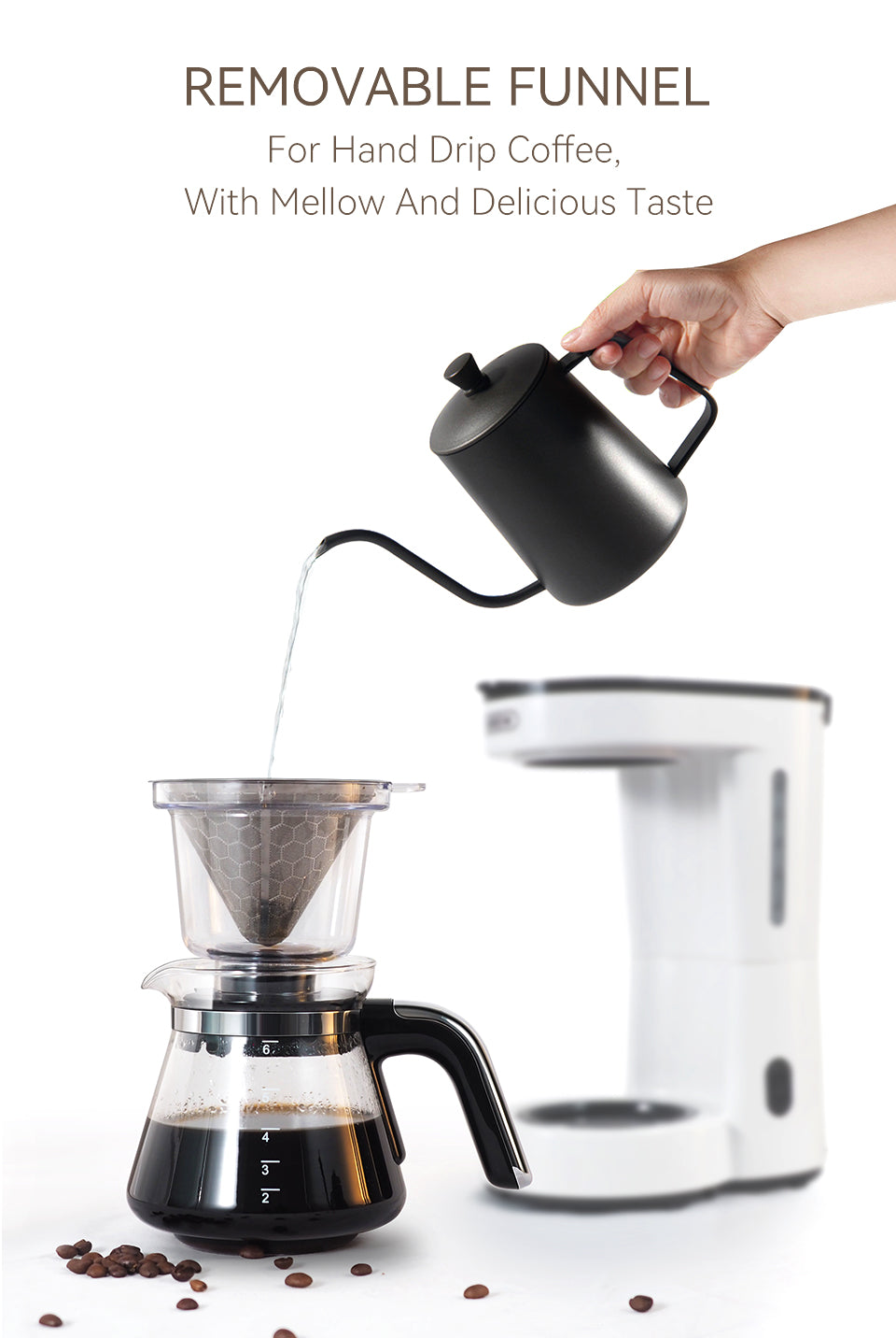 HiBREW H12 White / EU: removable filter funnel with hand-pouring setup