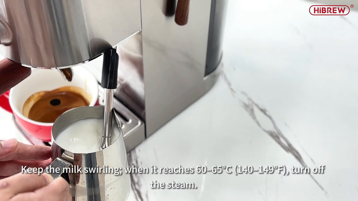 HiBREW H13 Silver — milk texturing with the steam wand