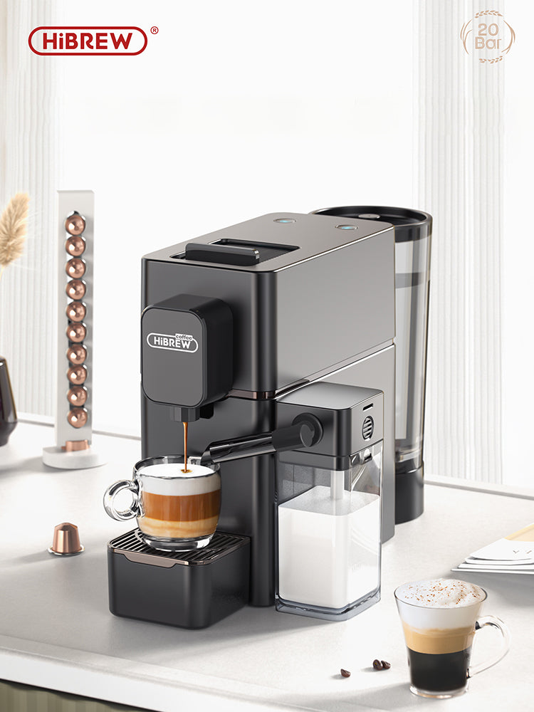 HiBREW H15 EU: capsule and milk-drink setup on a counter
