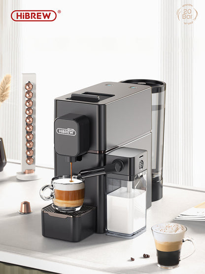 HiBREW H15 EU: capsule and milk-drink setup on a counter