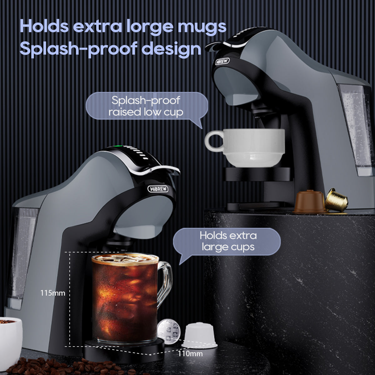 HiBREW H17 EU: raised cup tray and larger-cup arrangement