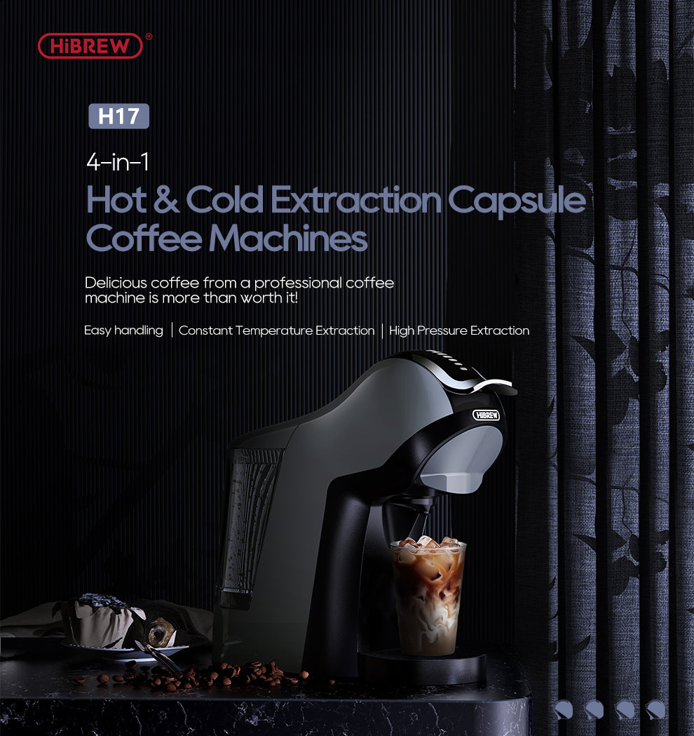 HiBREW H17 EU: capsule coffee machine in a dark countertop setting
