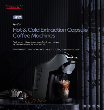 HiBREW H17 EU: capsule coffee machine in a dark countertop setting