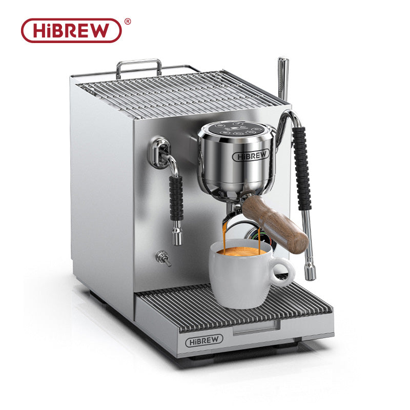 HiBREW H21 EU / Silver: silver machine with portafilter and espresso cup
