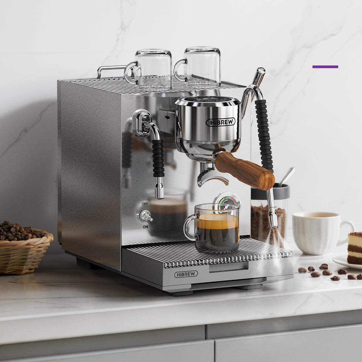 HiBREW H21 EU / Silver: silver machine on a kitchen counter