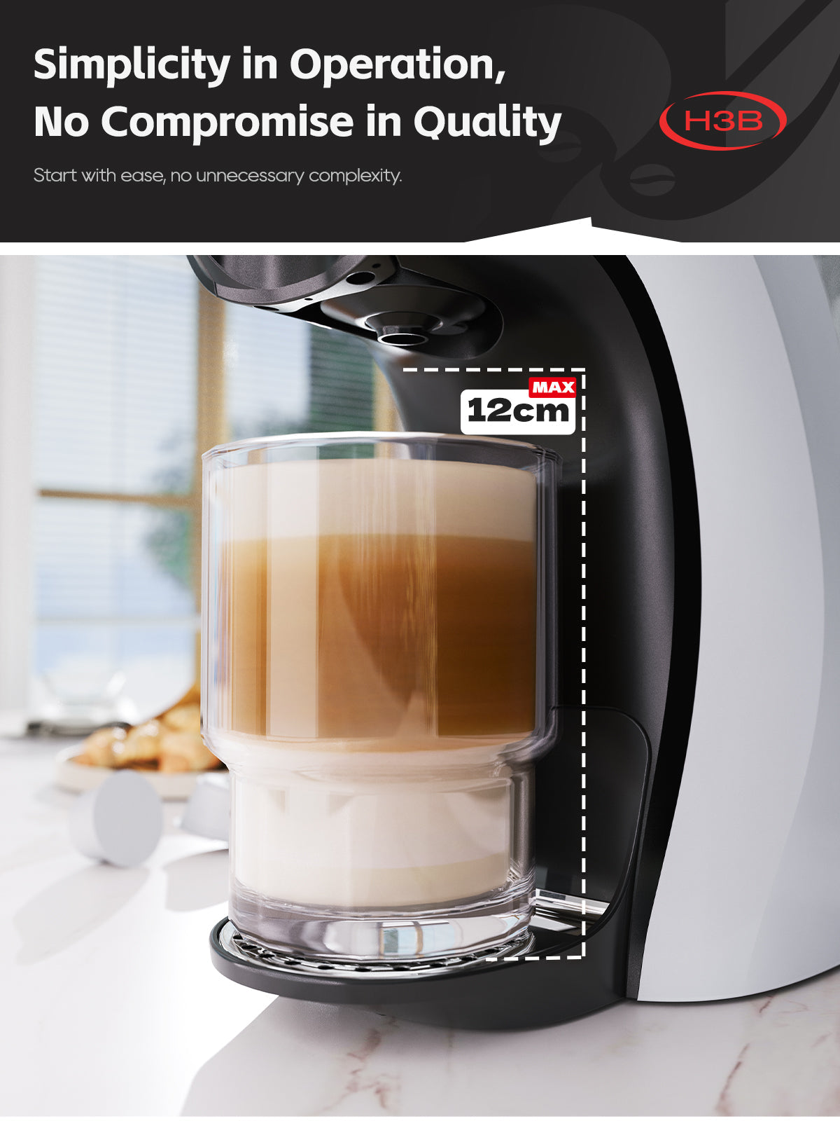 HiBREW H3B — manufacturer cup-clearance reference showing a 12 cm cup; glass, drink and background props are not supplied. Manufacturer reference, not a certified real-photo quota image.