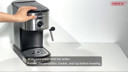 HiBREW H5A EU espresso machine, front gauge, brewing controls and steam wand.