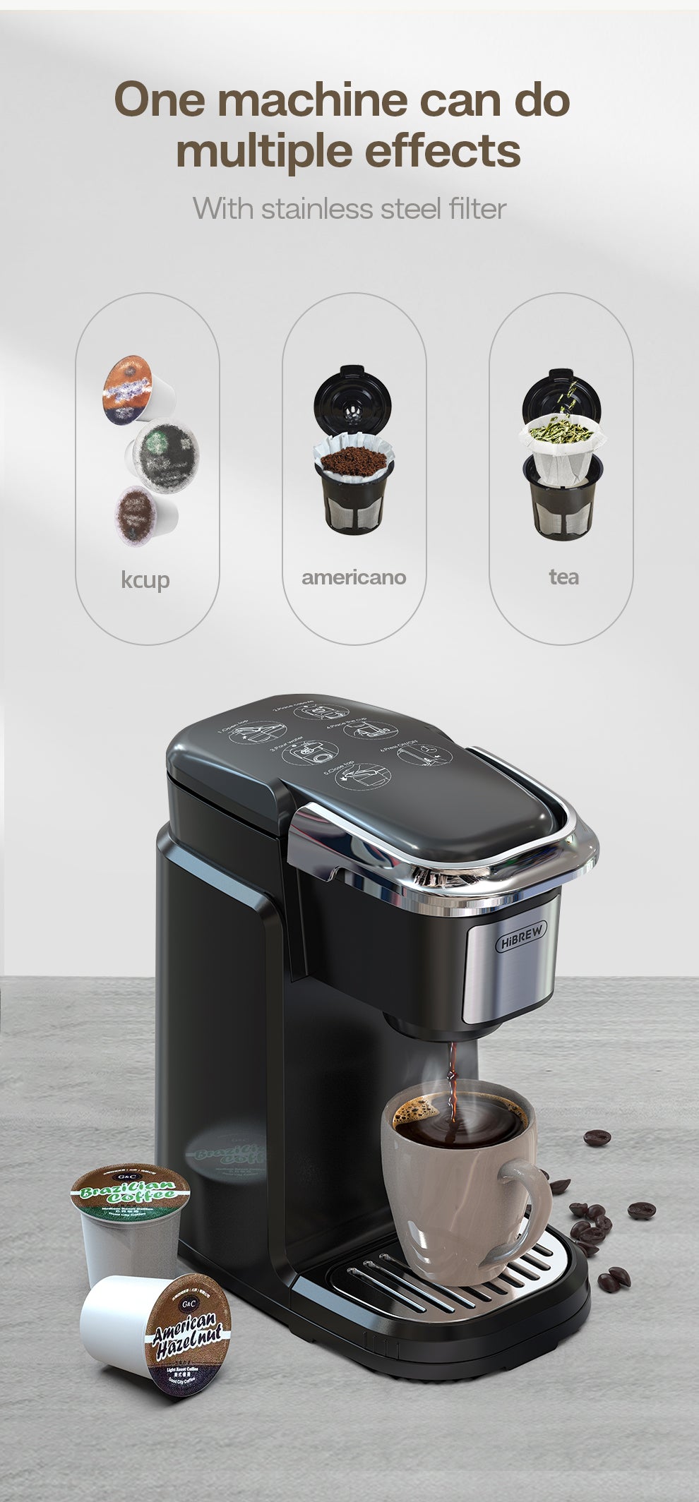 HiBREW 507 – machine on counter with coffee-format examples
