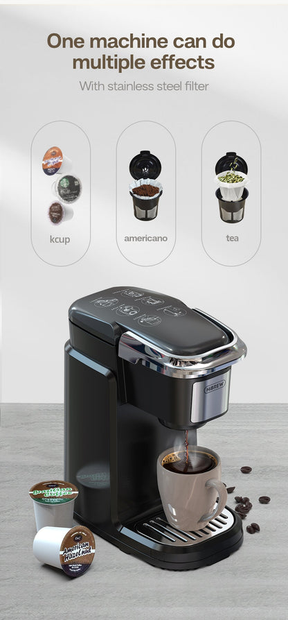 HiBREW 507 – machine on counter with coffee-format examples