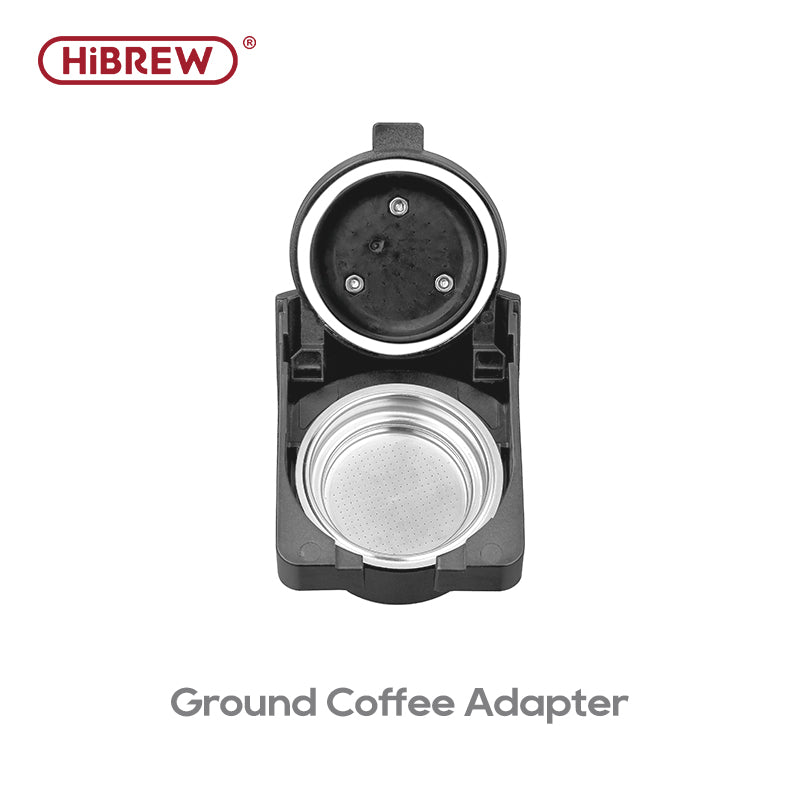 HiBREW H1/H2 Ground Coffee Adapter with hinged lid and filter basket