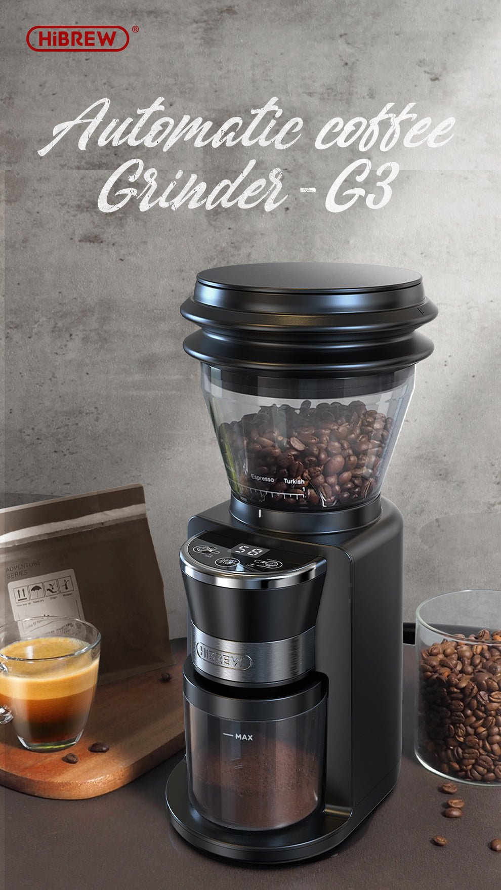 HiBREW G3 grinder on a coffee preparation counter