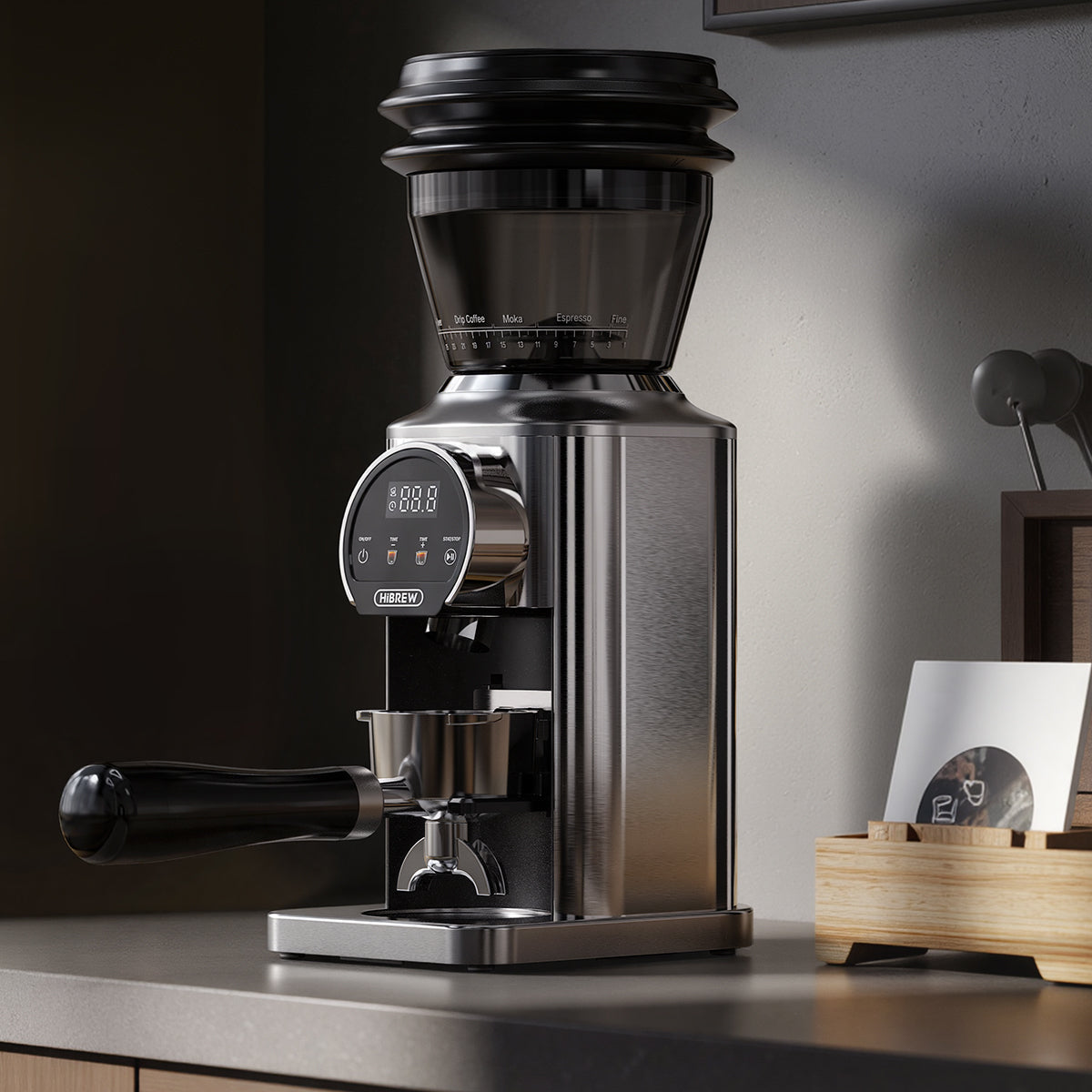 HiBREW G3 Plus grinder side view on a coffee counter
