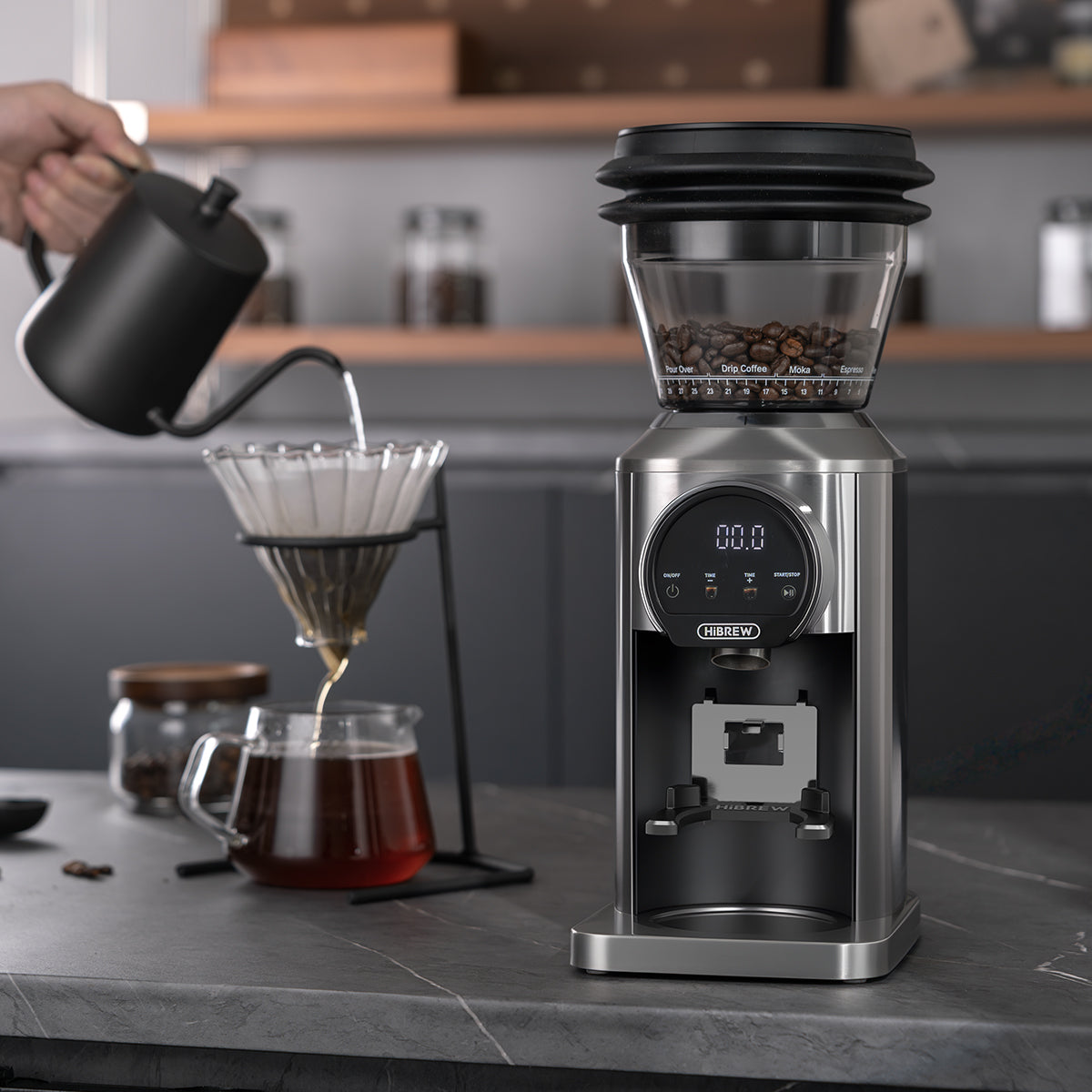 HiBREW G3 Plus grinder in a pour-over preparation scene; kettle, brewer and other styling items not included