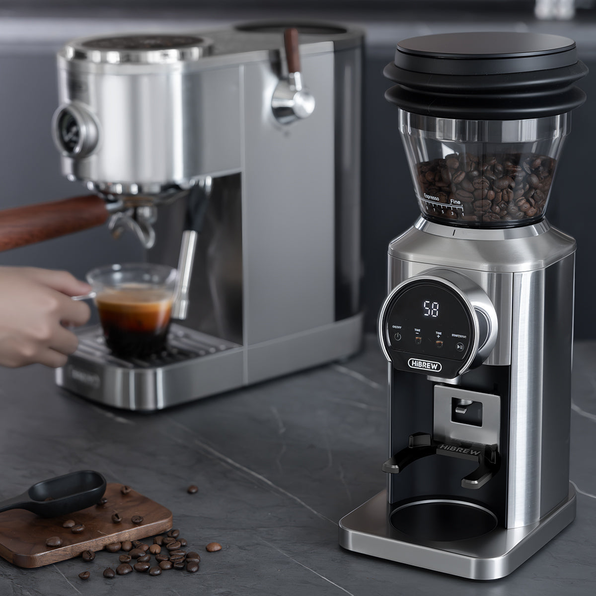 HiBREW G3 Plus grinder beside an espresso machine; espresso machine and styling items not included