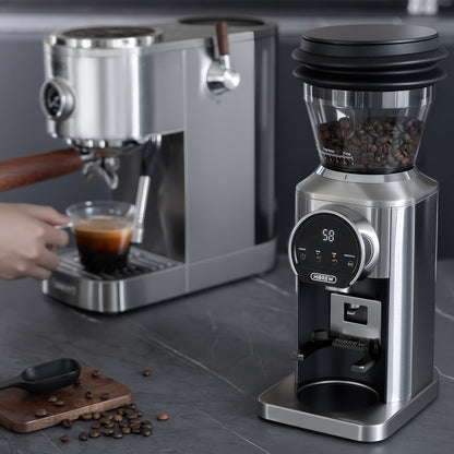 HiBREW G3 Plus grinder beside an espresso machine; espresso machine and styling items not included
